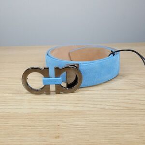 Salvatore Ferragamo Sz 90 Blue Suede Double Gancini Adjustable Leather Belt $550